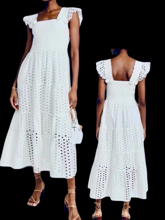 Anthropologie Dresses & Skirts - ANTHROPOLOGIE + FIGUE Madi Smocked Embroidered Eyelet Lace Maxi Dress w PomPoms